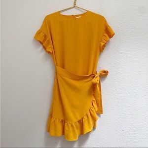 ninette faux wrap dress in mustard yellow